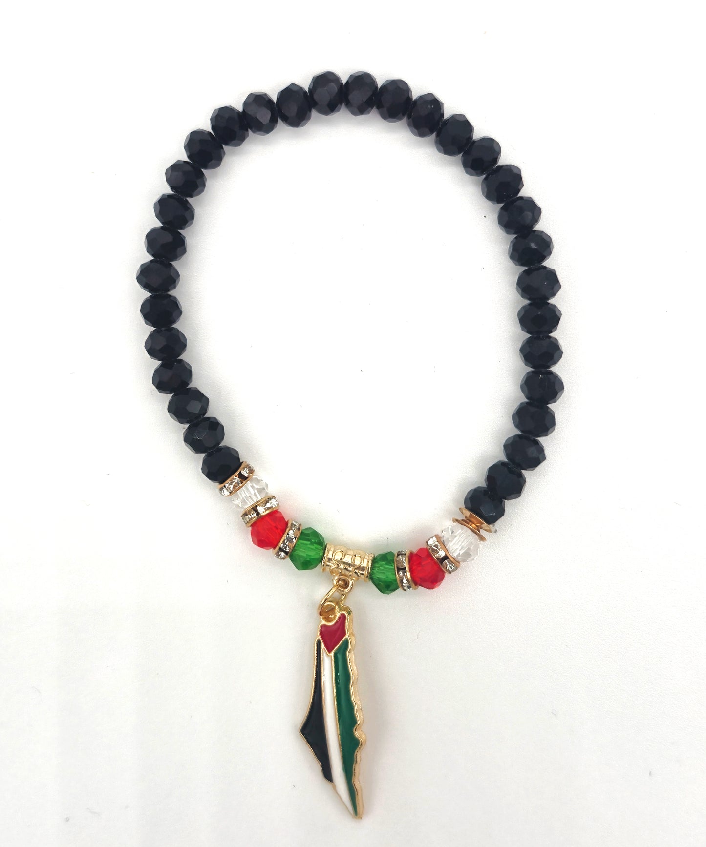Black beaded bracelet with colorful charm on a white background