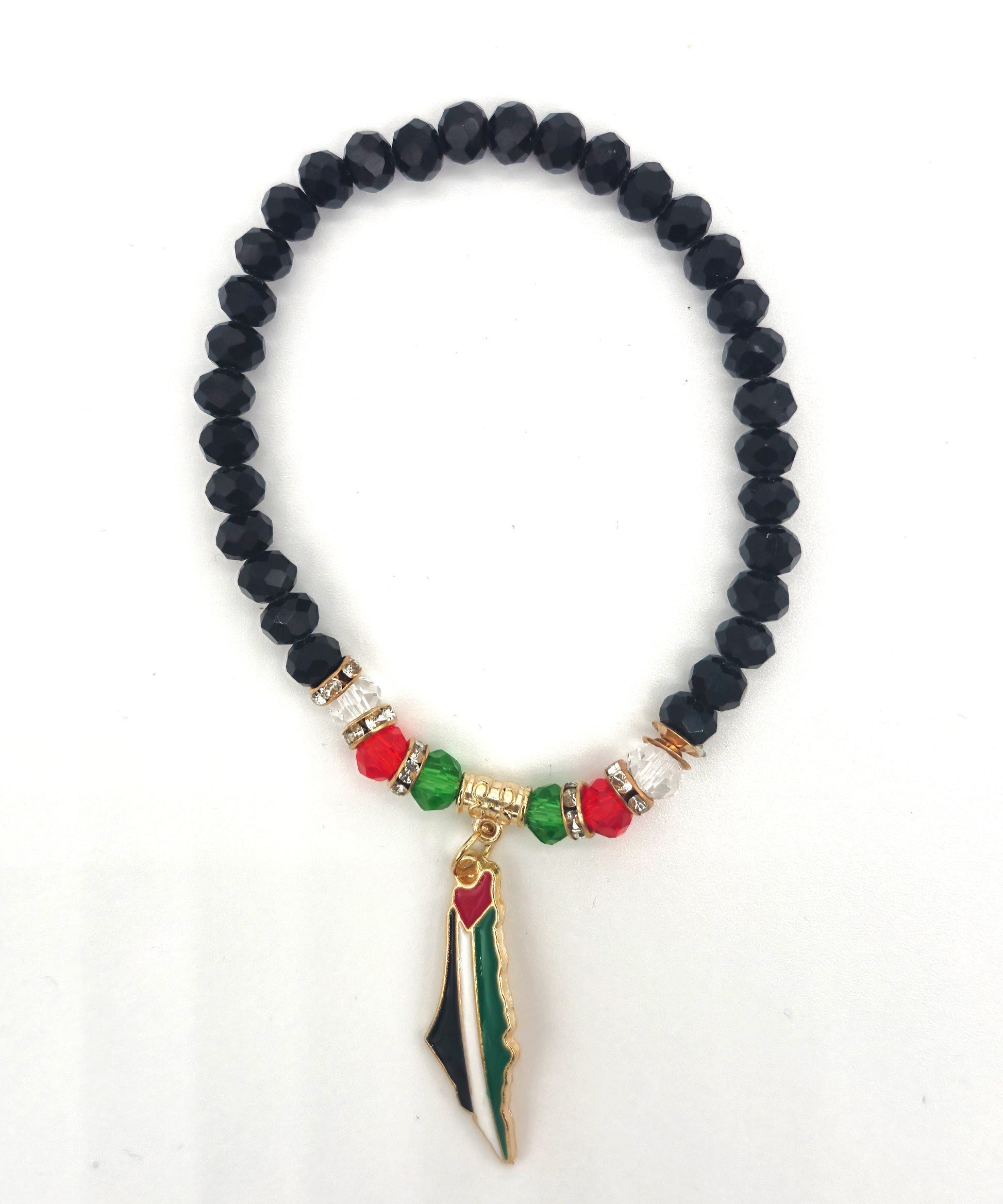 Black beaded bracelet with colorful charm on a white background
