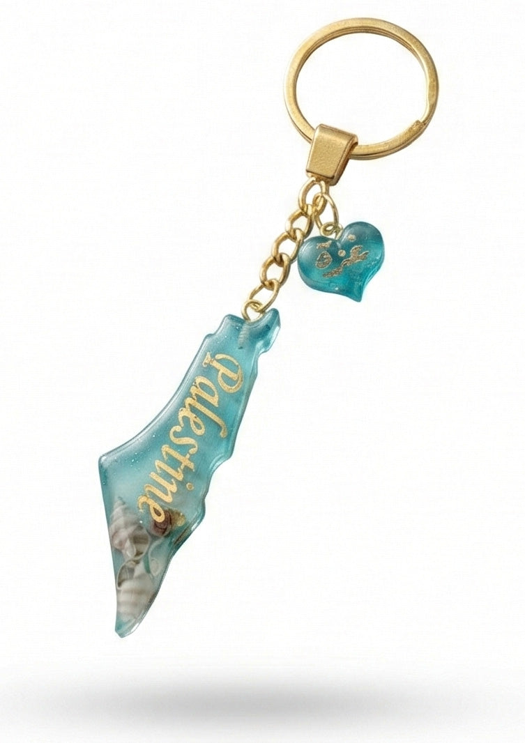 Palestine Resin Keychain – Blue & Gold (with Seashells)