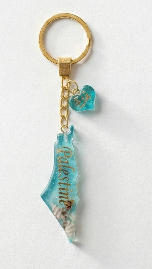 Palestine Resin Keychain – Blue & Gold (with Seashells)