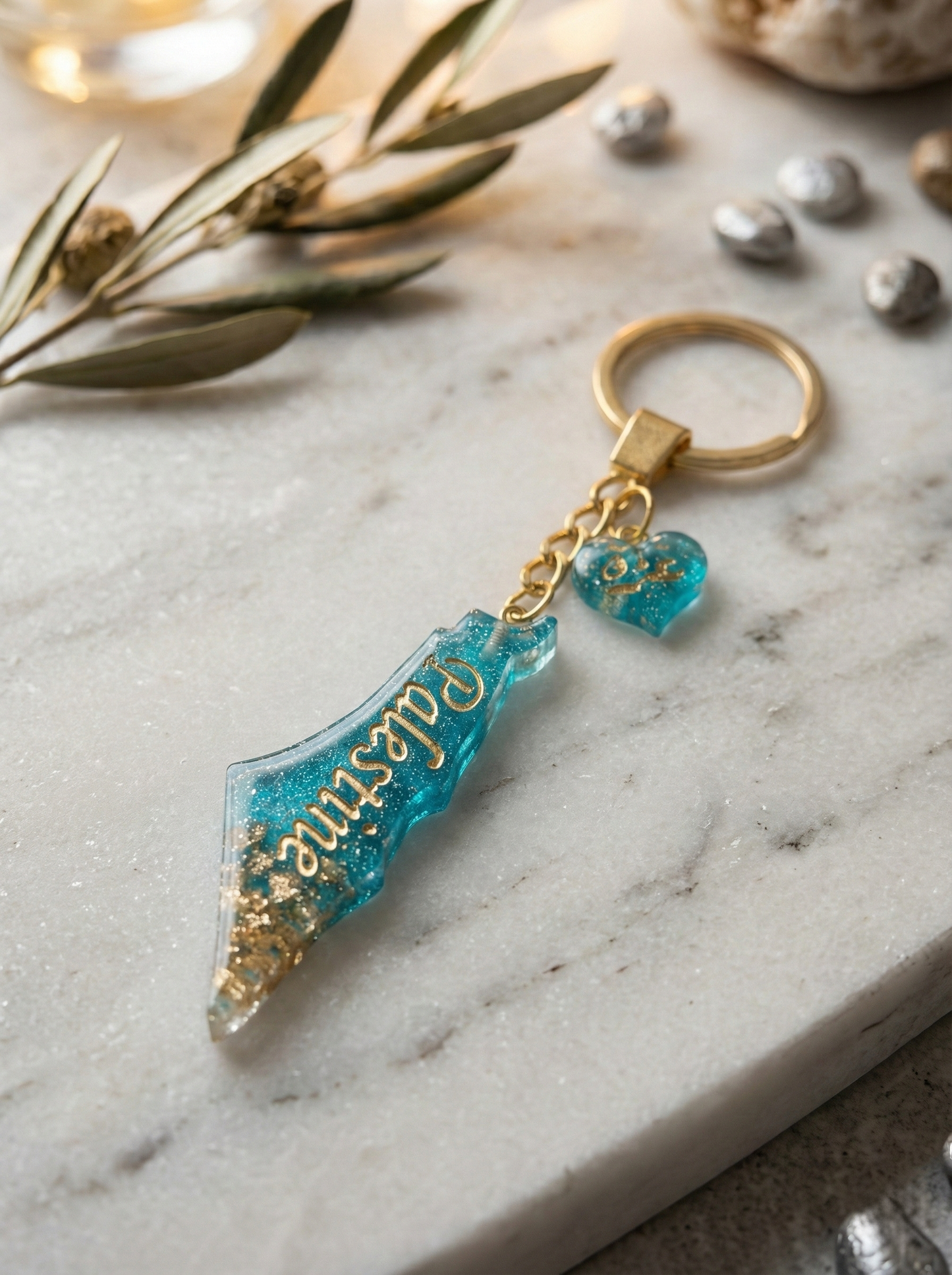 Palestine Resin Keychain – Blue & Gold (with Seashells)