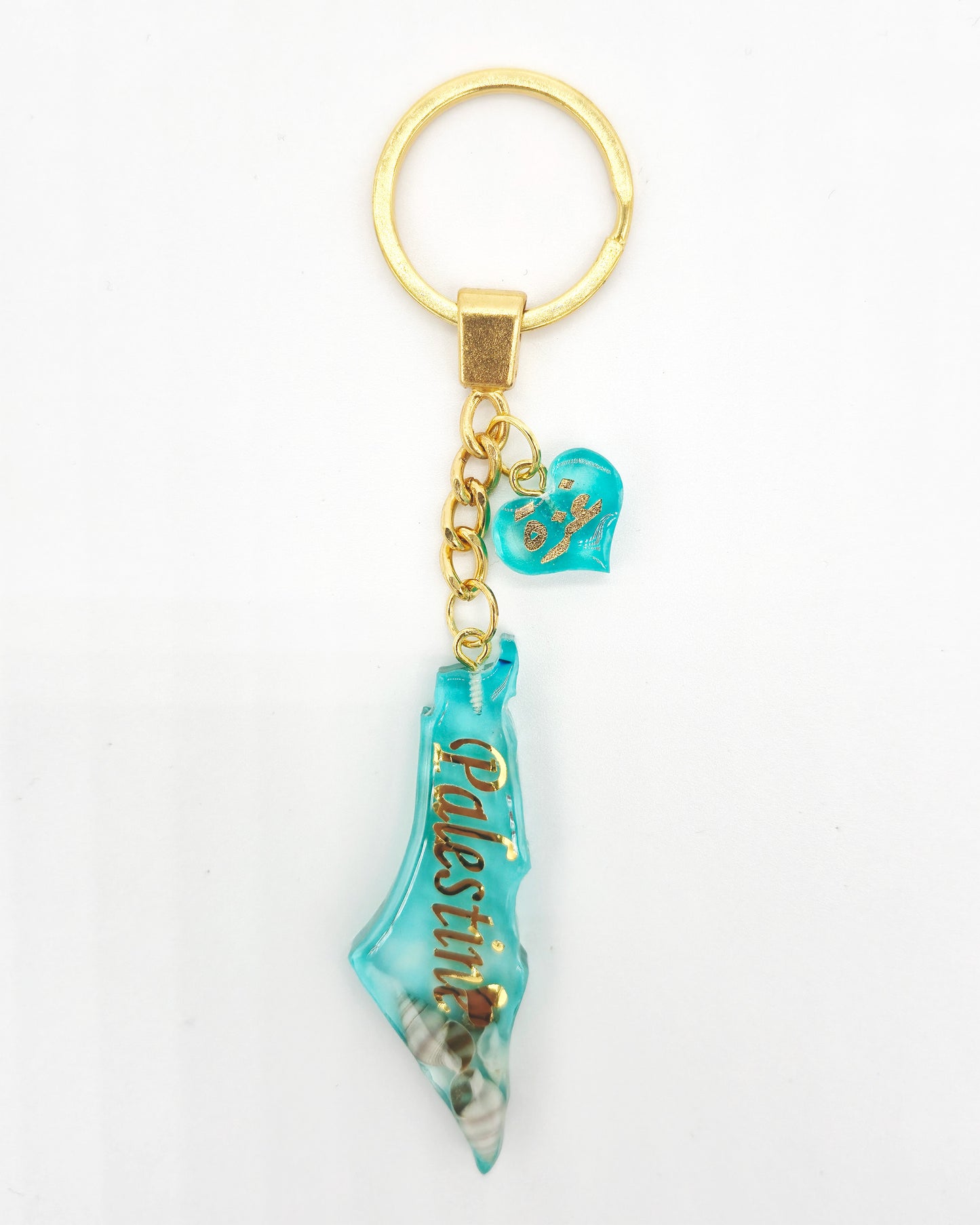 Palestine Resin Keychain – Blue & Gold (with Seashells)