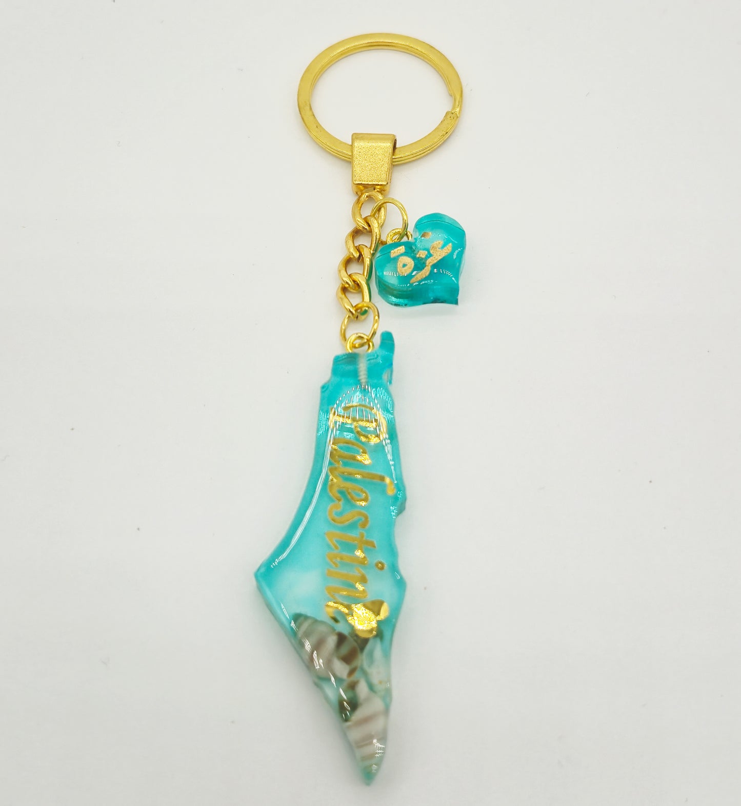 Palestine Resin Keychain – Blue & Gold (with Seashells)